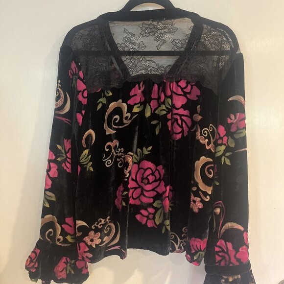 POL Button Blouse Women M Velvet Burnout Floral Ruffle Pleats Lace Feminine Top - Picture 5 of 12